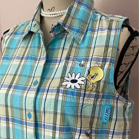 Looney Tunes Vintage Tweety Green/Blue Plaid Sleeveless Button Down Top … - Picture 3 of 9